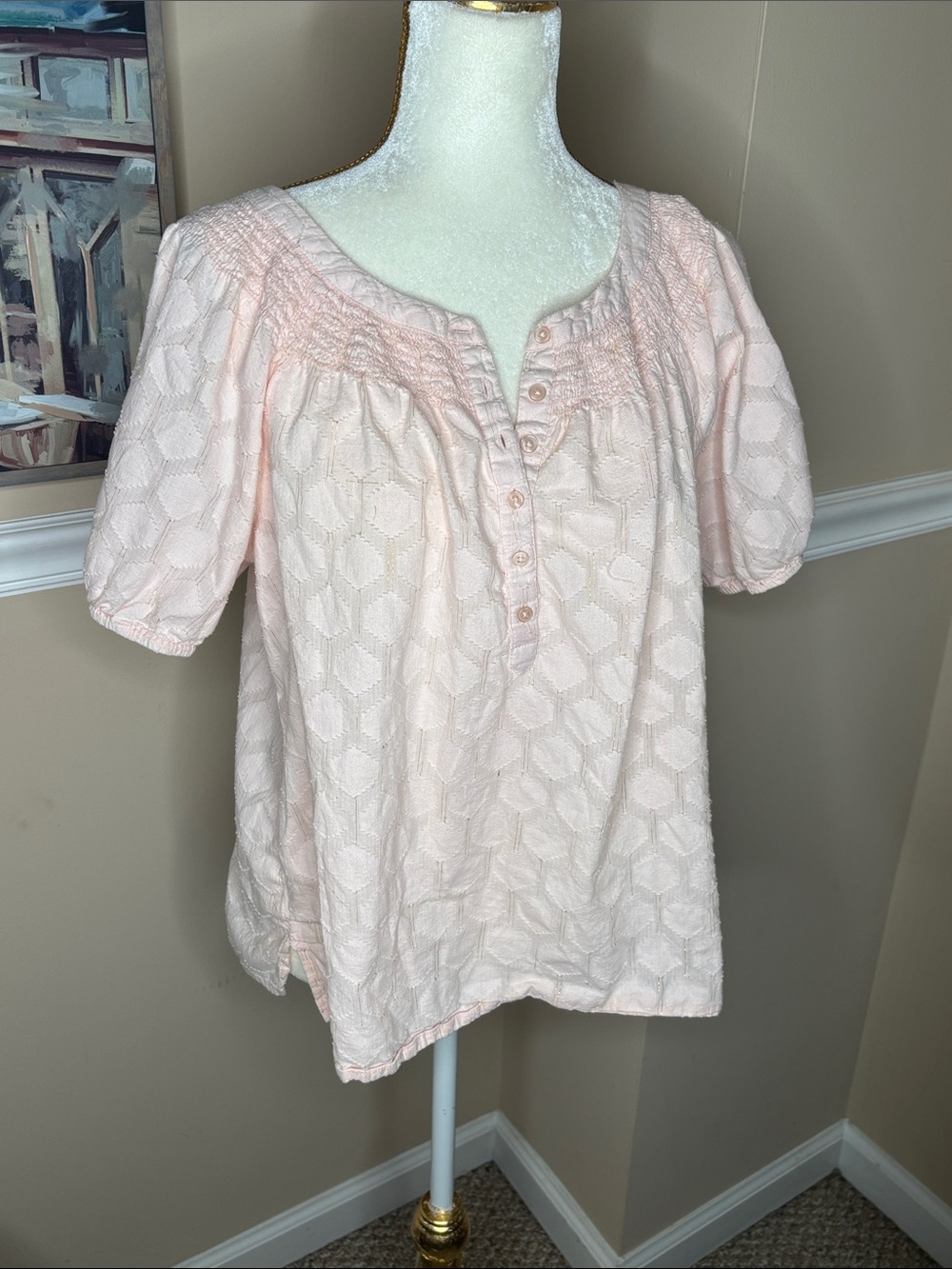 Light Pink Textured Button-Front Peasant Top